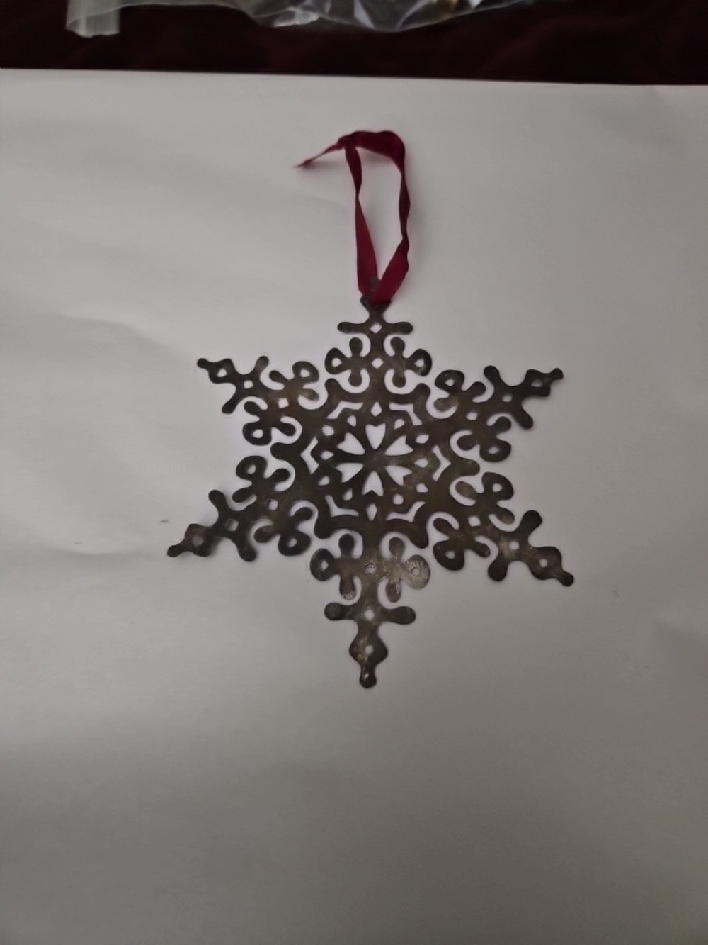 Restoration Hardware Bronze Snowflake Ornament with Burgundy Ribbon